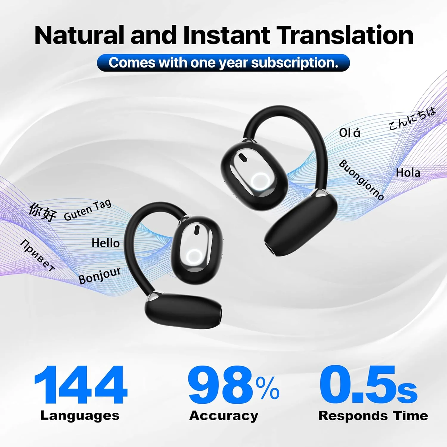 AI TWS Language Translation Earbuds, Real-Time Headphones Translator for 144 anguages & Accents,AI TWS Language Translation Earbuds for iPhone & Android  Ideal for Travel and BusinessBlack
