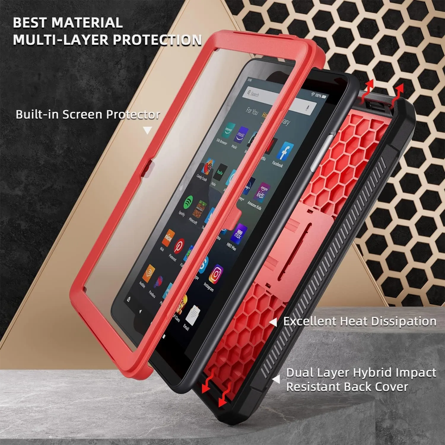 All-New 8 & 8 Plus Tablet 8,DJ&RPQ Incompatible iPad TCL Full Body Rugged Hands-Free Viewing Stand Back Cover with Screen Protector-Red