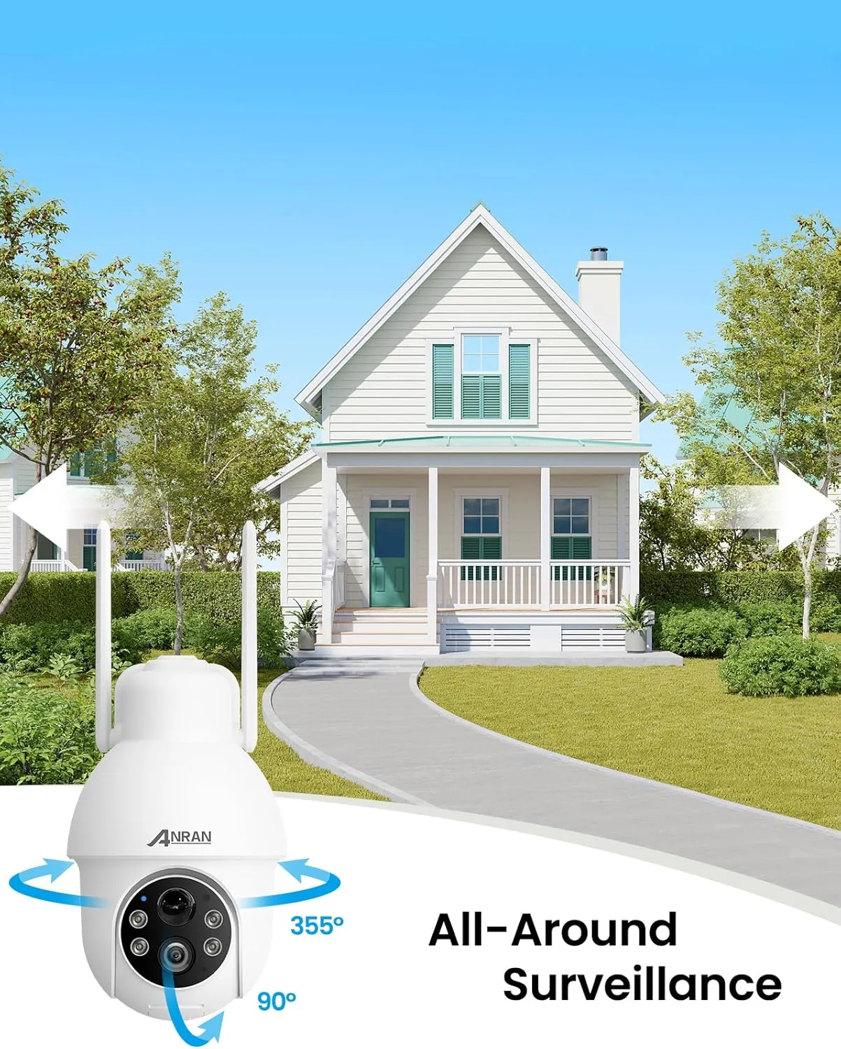 ANRAN 2K Solar Security Camera Wireless Outdoor, 2 Pack WiFi Camera Battery-Powered with 360 PTZ for Home Security, PIR Motion Detection, 3MP Color Night Vision, Two-Way Audio, Compatible with Alexa