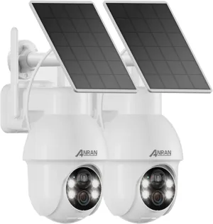 ANRAN 2K Solar Security Camera Wireless Outdoor, 2 Pack WiFi Camera Battery-Powered with 360 PTZ for Home Security, PIR Motion Detection, 3MP Color Night Vision, Two-Way Audio, Compatible with Alexa