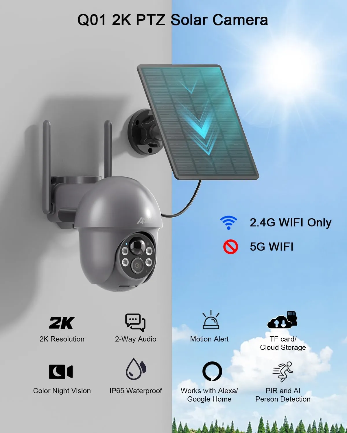 ANRAN Security Camera Wireless Outdoor with 360 View, 2K Solar Outdoor Camera with Smart Siren, Spotlights, Color Night Vision, PIR Human Detection, Pan Tilt Control, 2-Way Talk, IP65, Q1 Grey