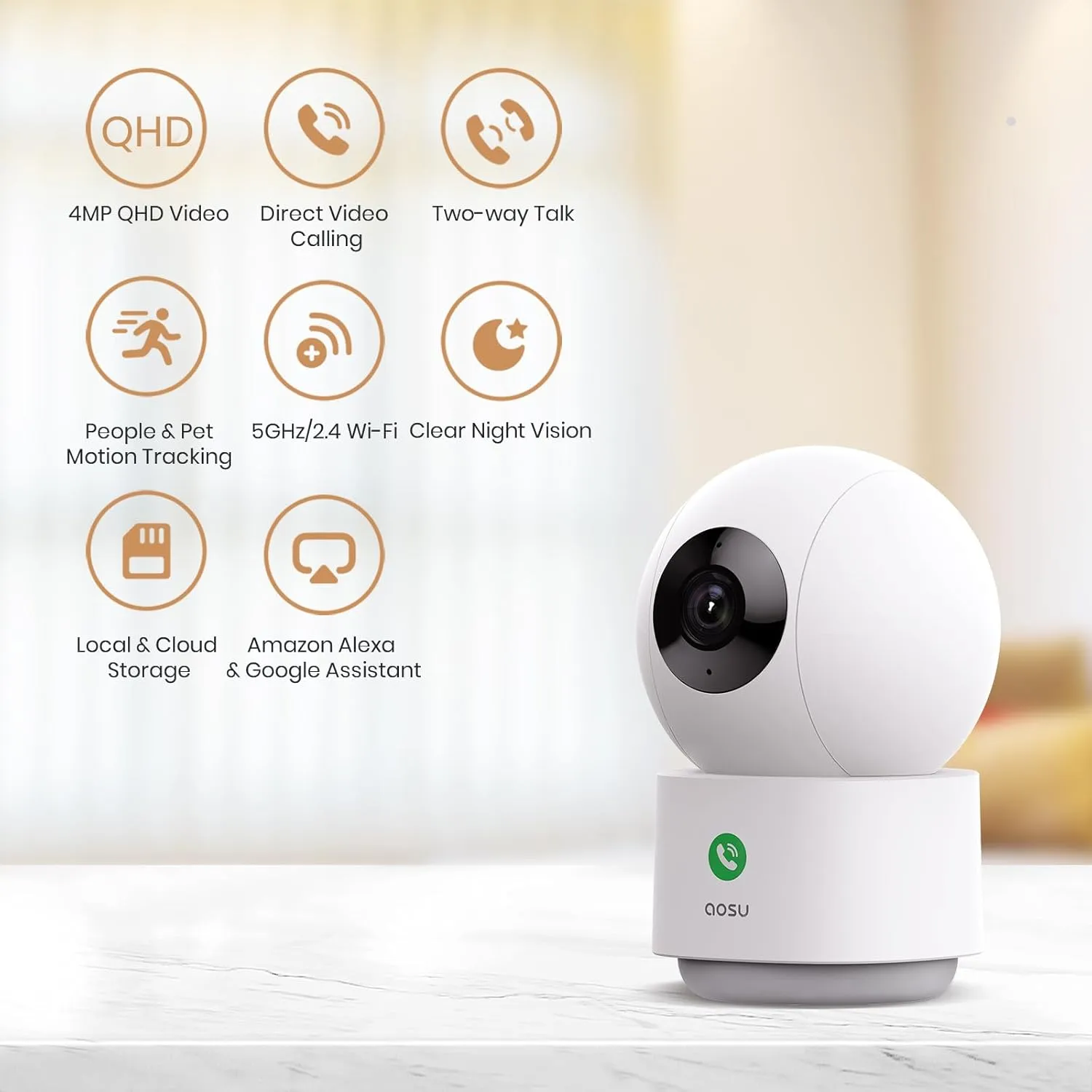 AOSU 4MP Security Camera Indoor - 2.5K Baby Monitor Pet Camera 360 for Home Security with 5/2.4 GHz Wi-Fi Router, One-Touch Call, Smart Motion Tracking (2 Pack)