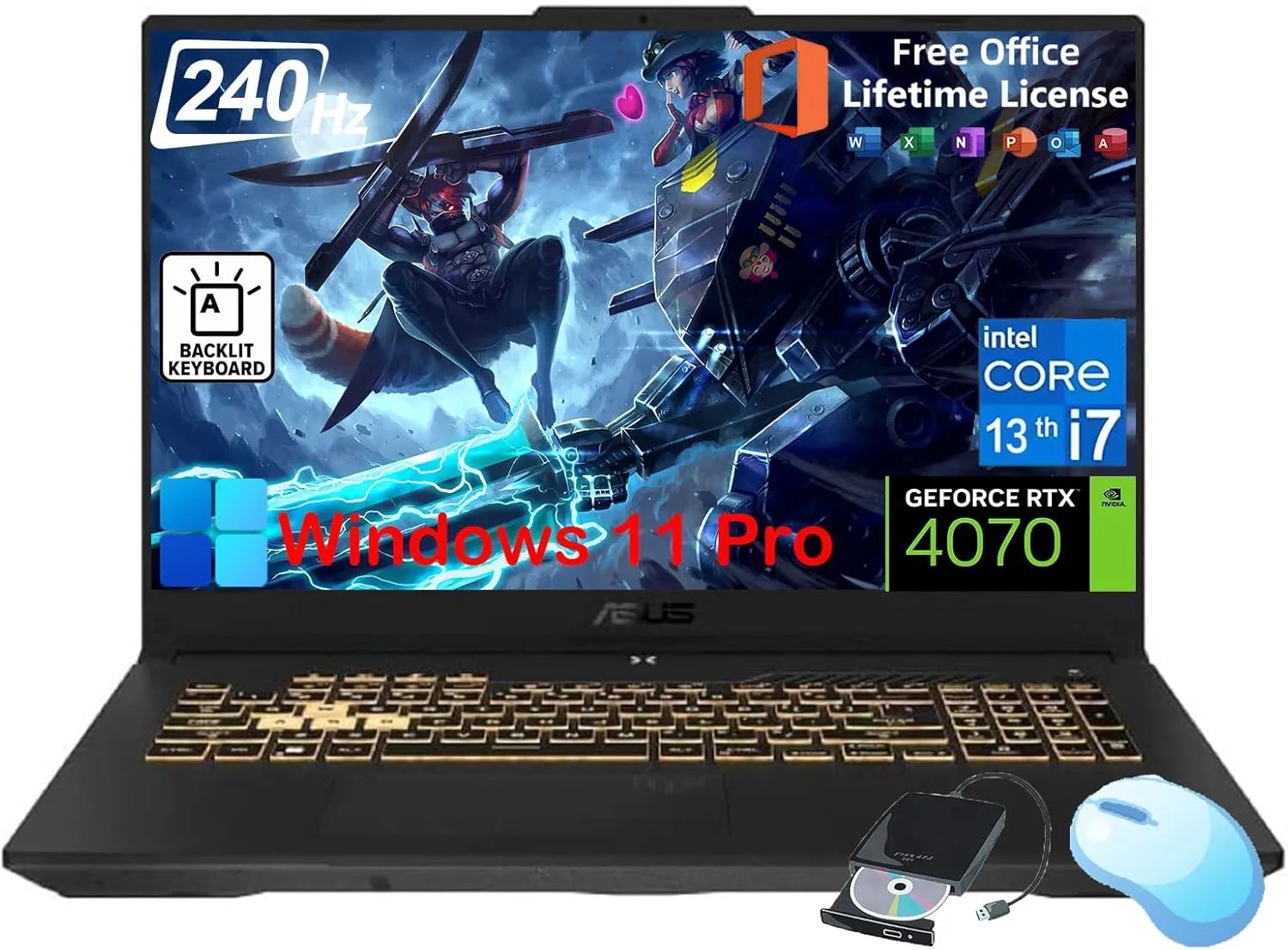 ASUS TUF F17 Gaming Laptop - 17.3" 2.5K WQHD 240 Hz Display, RTX 4070 Laptop, Intel i7-13620H, with Office Lifetime, 64GB DDR5,1TB SSD, Windows 11 Pro, Backlit KB, Wi-Fi 6, External DVD Drive