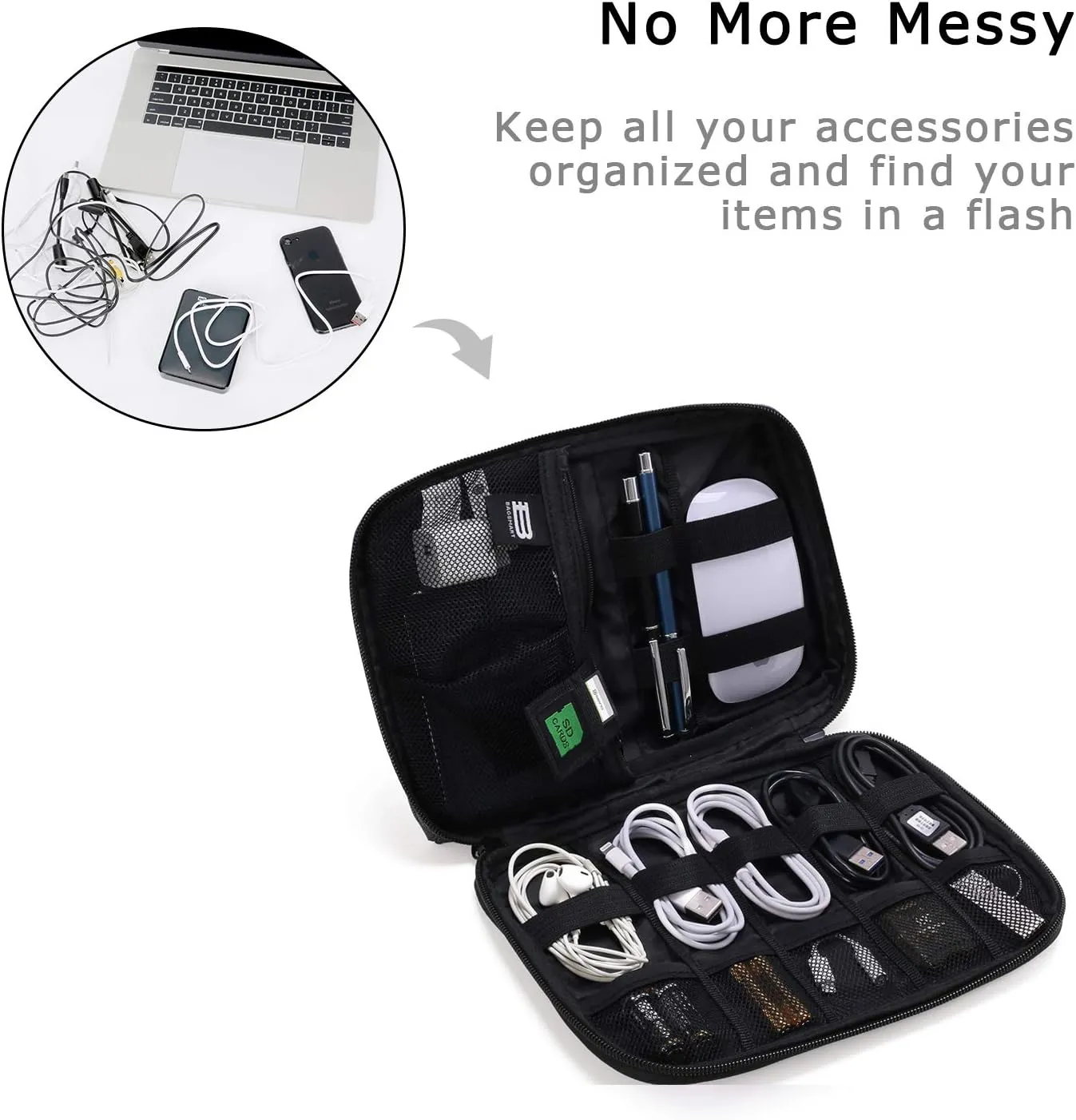 BAGSMART Electronics Organizer Travel Case, Small Cord Bag, Tech Organizer as Travel Accessories for Men Women, Cable Essentials for Phone, SD Card, Black