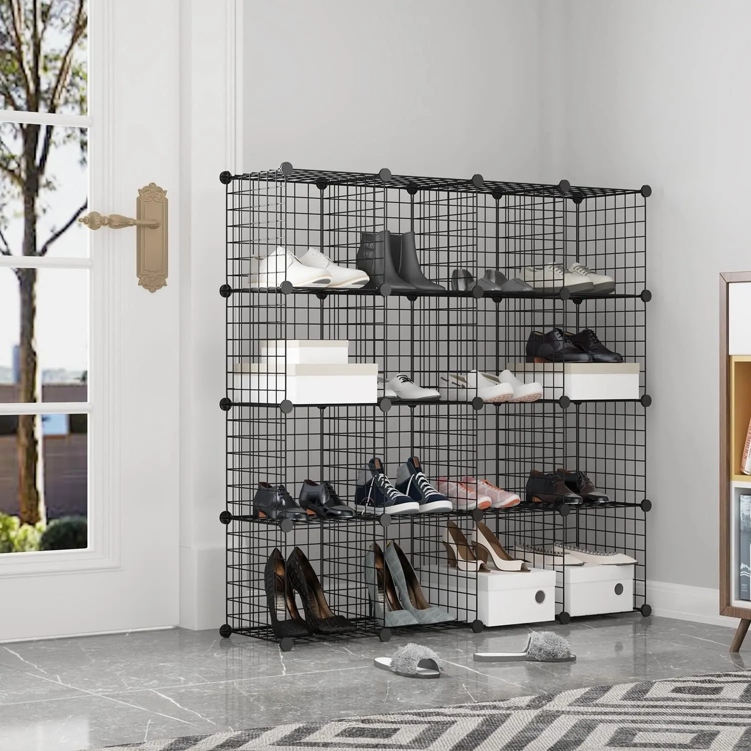 BASTUO Wire Cube Storage, Metal 16-Cube Storage Organizer (Black 12.2" D x 48.4" W x 48.4" H)