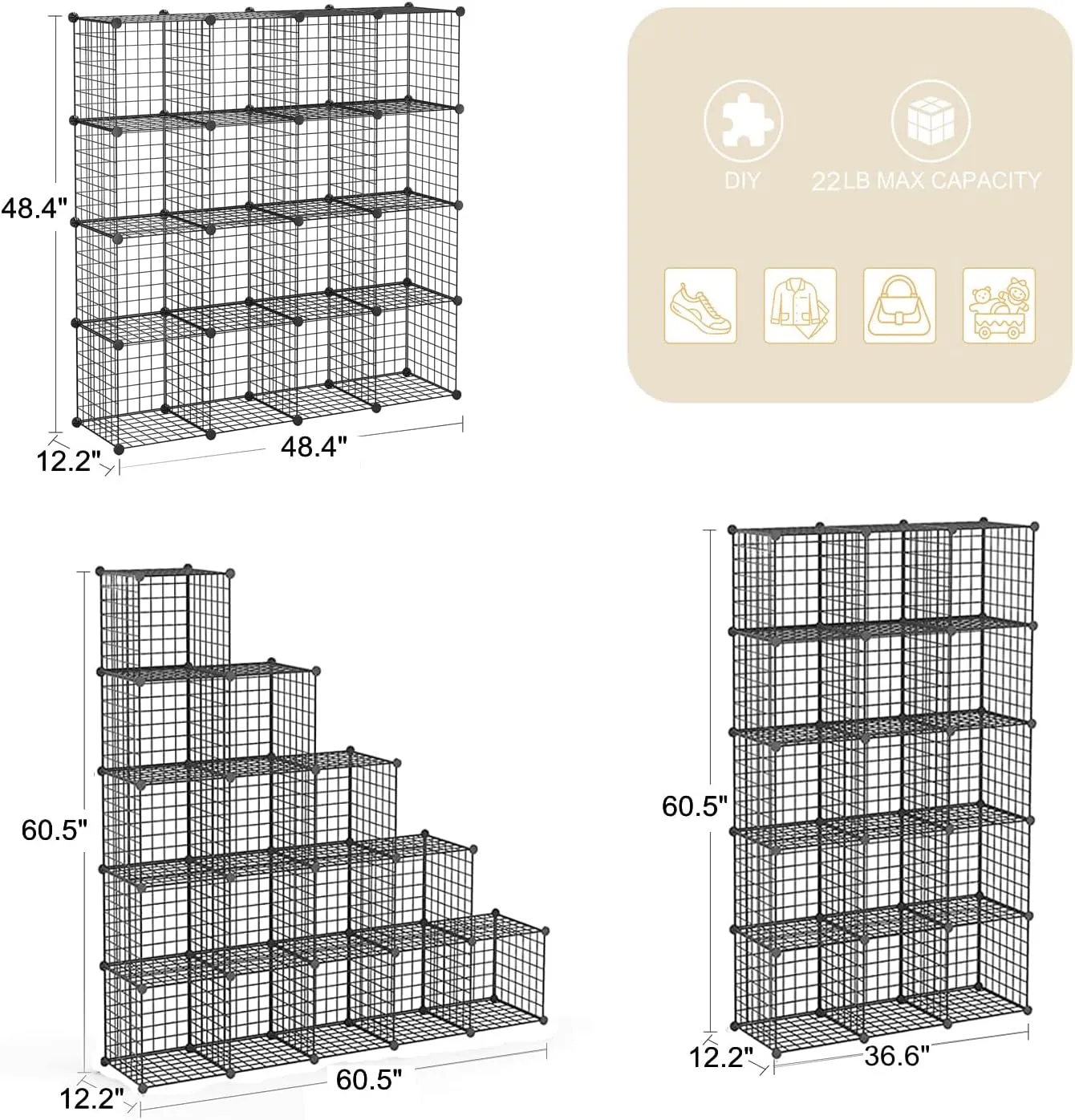 BASTUO Wire Cube Storage, Metal 16-Cube Storage Organizer (Black 12.2" D x 48.4" W x 48.4" H)