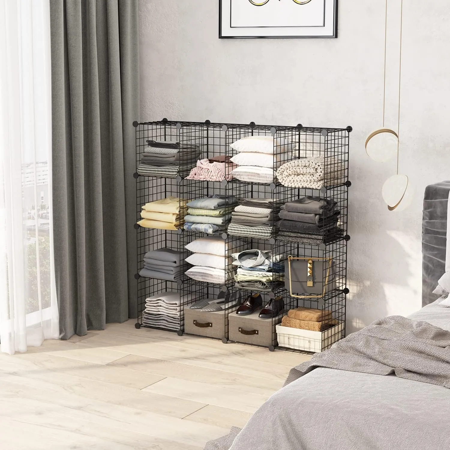 BASTUO Wire Cube Storage, Metal 16-Cube Storage Organizer (Black 12.2" D x 48.4" W x 48.4" H)