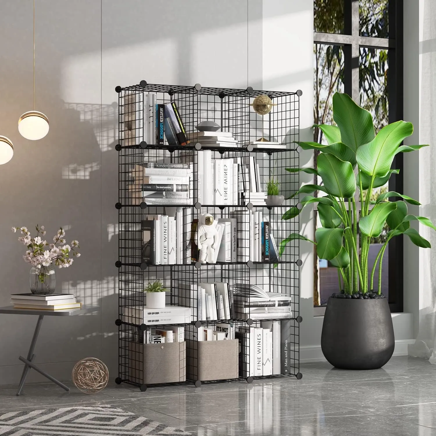BASTUO Wire Cube Storage, Metal 16-Cube Storage Organizer (Black 12.2" D x 48.4" W x 48.4" H)
