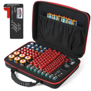 Battery Organizer, Battery Organizer Storage Case with Tester BT-168, Waterproof Battery Holder Box Holds, Battery Case Organizer 165  AA AAA C D 9V Batteries (Batteries are Not Included)