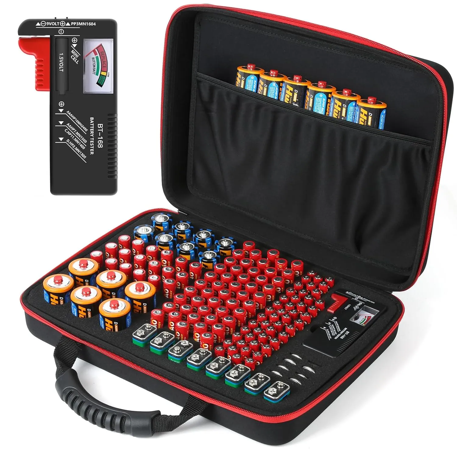 Battery Organizer, Battery Organizer Storage Case with Tester BT-168, Waterproof Battery Holder Box Holds, Battery Case Organizer 165  AA AAA C D 9V Batteries (Batteries are Not Included)