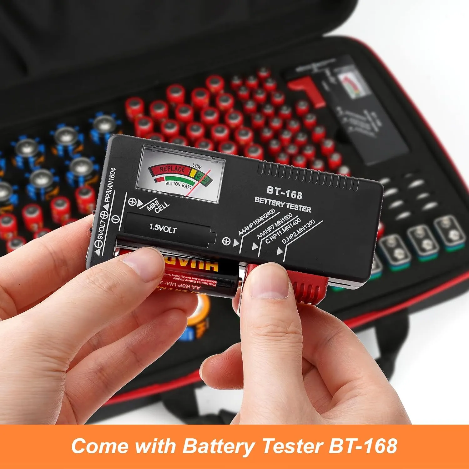 Battery Organizer, Battery Organizer Storage Case with Tester BT-168, Waterproof Battery Holder Box Holds, Battery Case Organizer 165  AA AAA C D 9V Batteries (Batteries are Not Included)