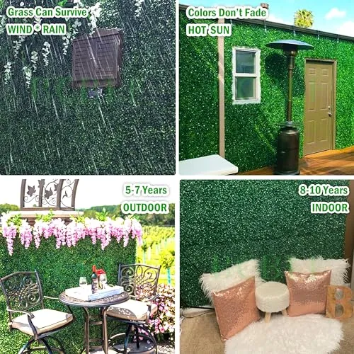 BCBLF 10x10Inch 8Pcs Grass Wall Panels, 4 Layers UV-Anti Boxwood Greenery Hedge with 50 Zip Ties, No Odor Artificial Fake Grass Backdrop for Indoor Outdoor Privacy, Birthday Wedding Decor, 5.6 SQ FT
