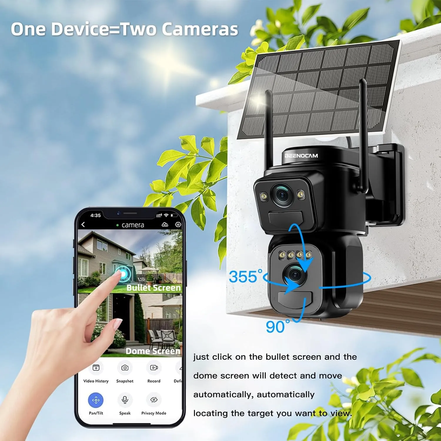 BEENOCAM 4K Solar Security Cameras Wireless Outdoor, Dual Lens 360PTZ Solar Cameras for Home Security with Color Night Vision,PIR Human Detection, Auto Tracking,Spotlight/Siren Alarm, 2.4/5Ghz WiFi