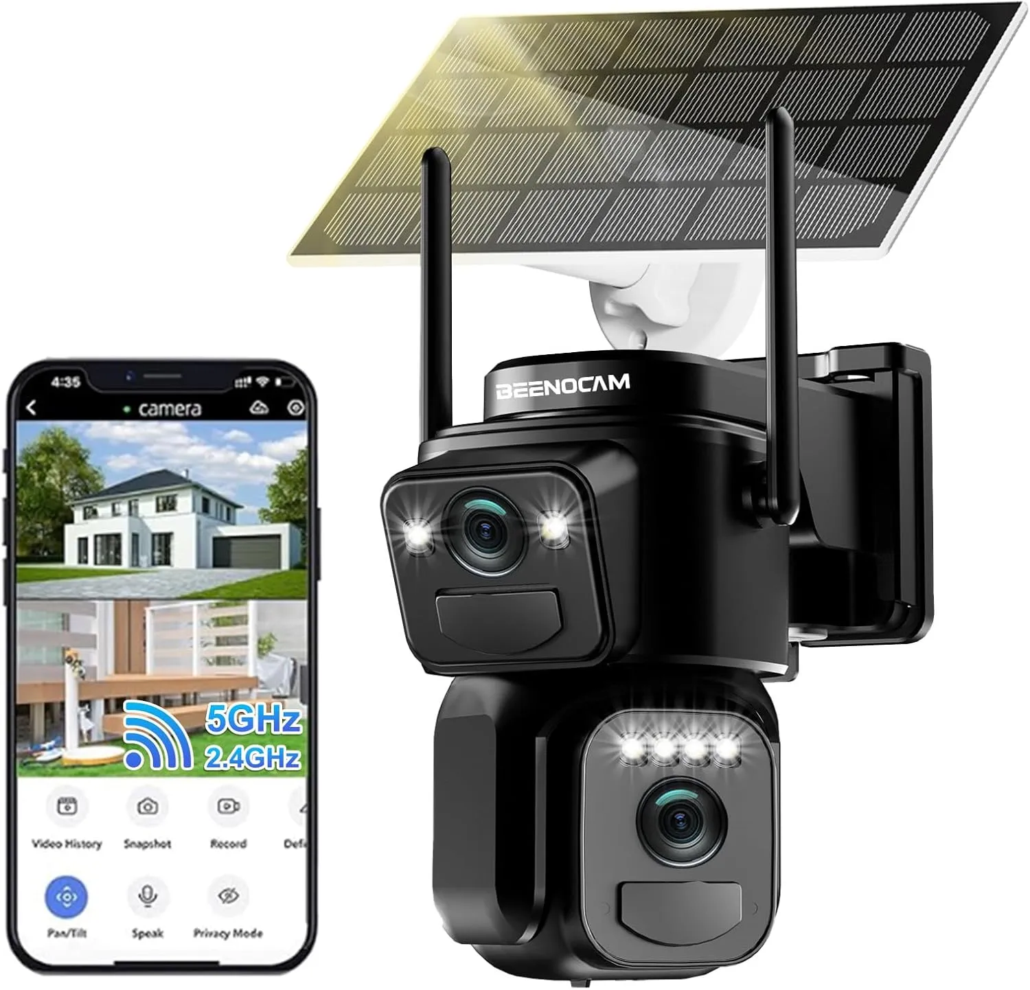BEENOCAM 4K Solar Security Cameras Wireless Outdoor, Dual Lens 360PTZ Solar Cameras for Home Security with Color Night Vision,PIR Human Detection, Auto Tracking,Spotlight/Siren Alarm, 2.4/5Ghz WiFi