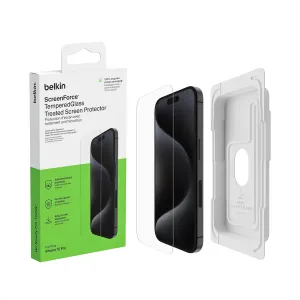 Belkin ScreenForce TemperedGlass Treated Screen Protector for iPhone 15 Pro - Slim & Scratch-Resistant - Includes Easy Align Tray for Bubble Free Application