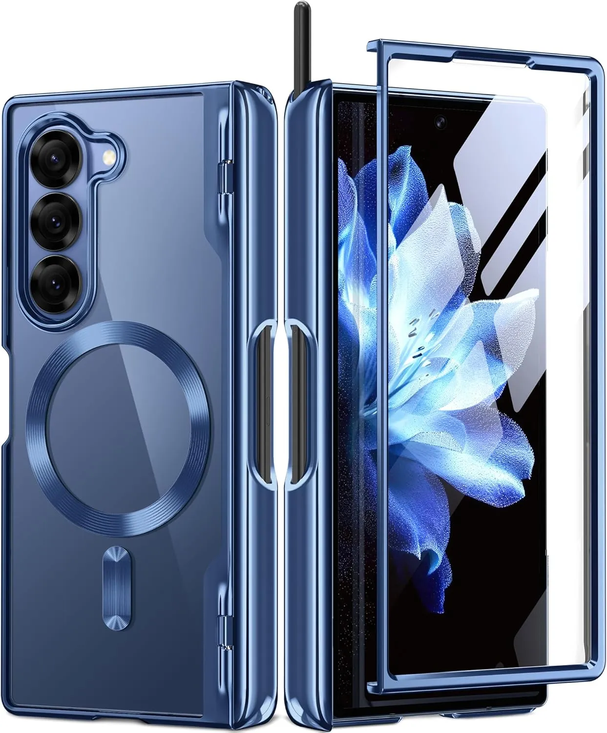 BERFY Upgraded Magnetic for Z Fold 6 Case with S Pen Holder, Compatible with Magsafe,[Built-in Screen Protector & Hinge Protection] Full-Body Plating Slim Phone Case for Samsung Galaxy Z Fold 6, Blue