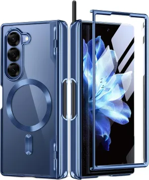 BERFY Upgraded Magnetic for Z Fold 6 Case with S Pen Holder, Compatible with Magsafe,[Built-in Screen Protector & Hinge Protection] Full-Body Plating Slim Phone Case for Samsung Galaxy Z Fold 6, Blue