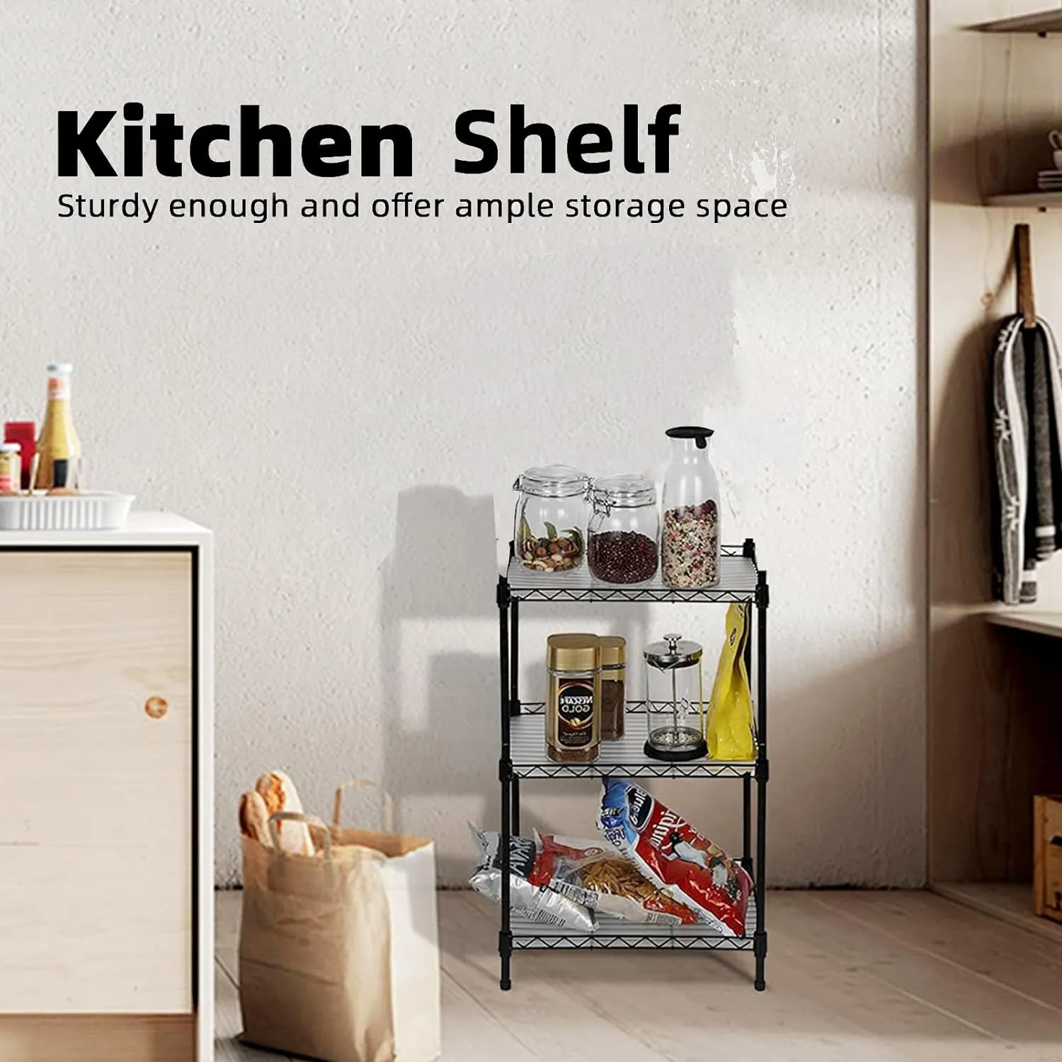 Best 3-Tier Wire Shelving - Black -Mini Shelf - Kitchen Storage Shelves, Lightweight countertop Storage Rack Corner Shelf Shelving Adjustable Storage Shelf, 11.8" D x 15.7" W x 31.5" H