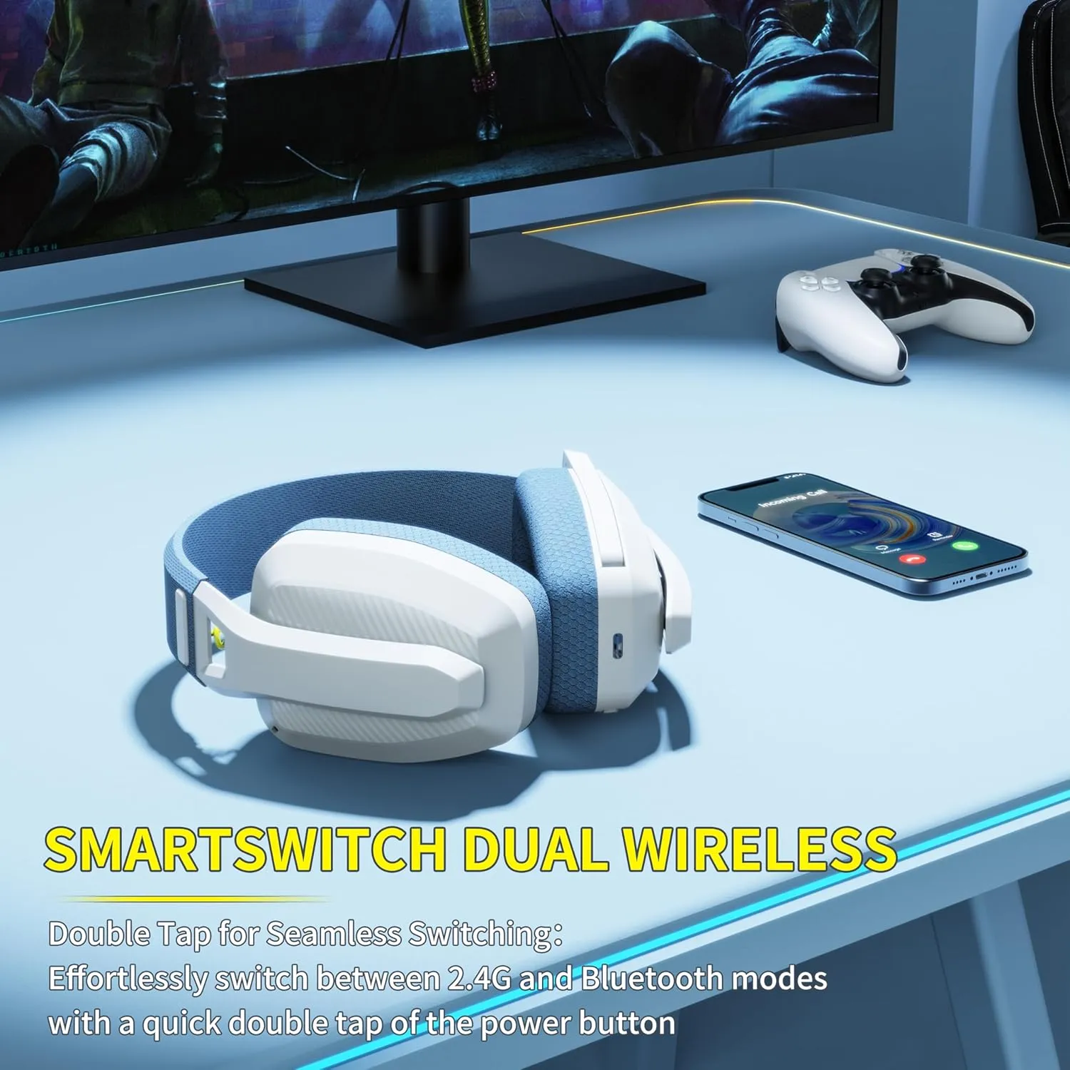 BINNUNE 2.4GHz Wireless Gaming Headset with Mic for PS5, PS4, PC, Mac, PlayStation 4 5, Bluetooth Gaming Headset with Flip Microphone, Gaming Headphones for Laptop Computer, Blue & White