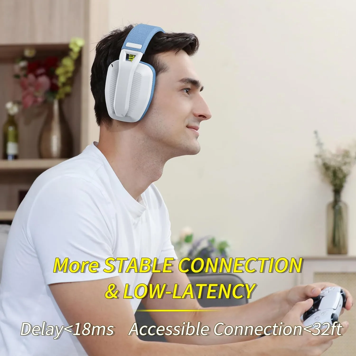 BINNUNE 2.4GHz Wireless Gaming Headset with Mic for PS5, PS4, PC, Mac, PlayStation 4 5, Bluetooth Gaming Headset with Flip Microphone, Gaming Headphones for Laptop Computer, Blue & White
