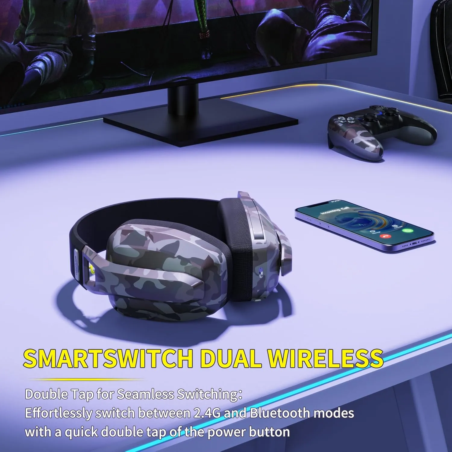 BINNUNE 2.4GHz Wireless Gaming Headset with Noise Cancelling Mic for PS4, PS5, PC, Mac, Bluetooth Gaming Headphones Headset with Flip Microphone for Laptop Computer