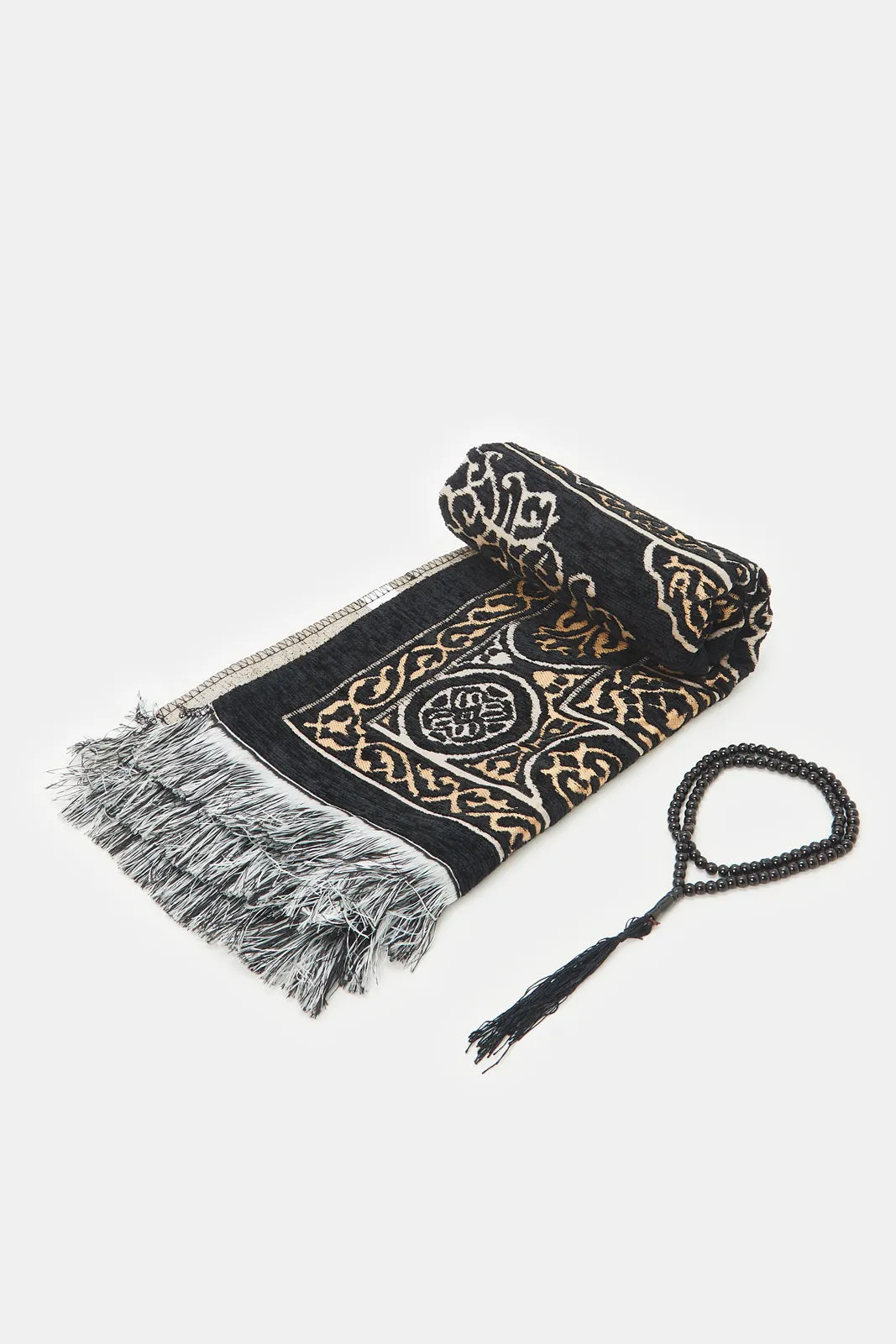 Black Prayer Mat In Cylinder Box With Rosary (3 Piece)