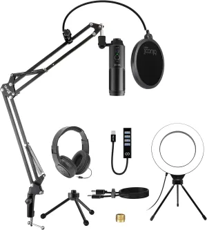 Blucoil USB Cardioid Condenser Microphone with 3.5mm Headphone Jack & Mute Button Bundle with 1080p USB Webcam, Boom Arm Plus Pop Filter, 6" Ring Light, USB-A Mini Hub, and Samson SR350 Headphones