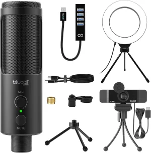 blucoil USB Cardioid Condenser Microphone with Built-in Headphone Jack, Volume Control, Mute Button for Windows, Mac, Linux, and Chrome Bundle with 1080p USB Webcam, 6" Ring Light, and USB-A Mini Hub