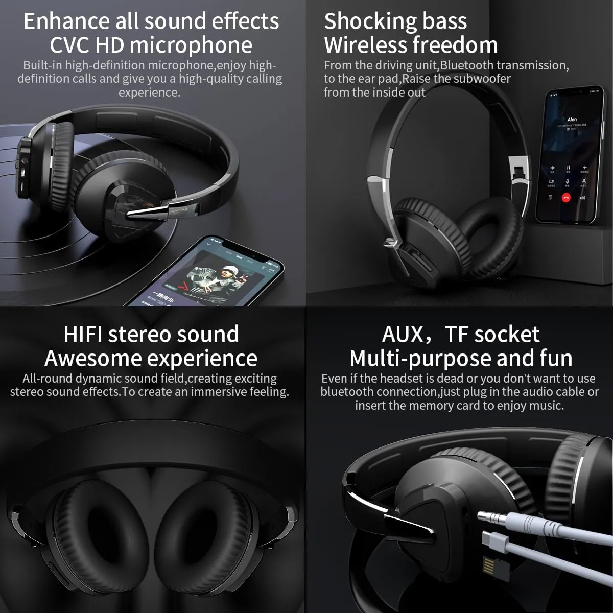Bluetooth Headphones Wireless, over Ear Headphones for Gym Men Women, Hifi Stereo Foldable Lightweight Comfortable (black), 2A537-H3