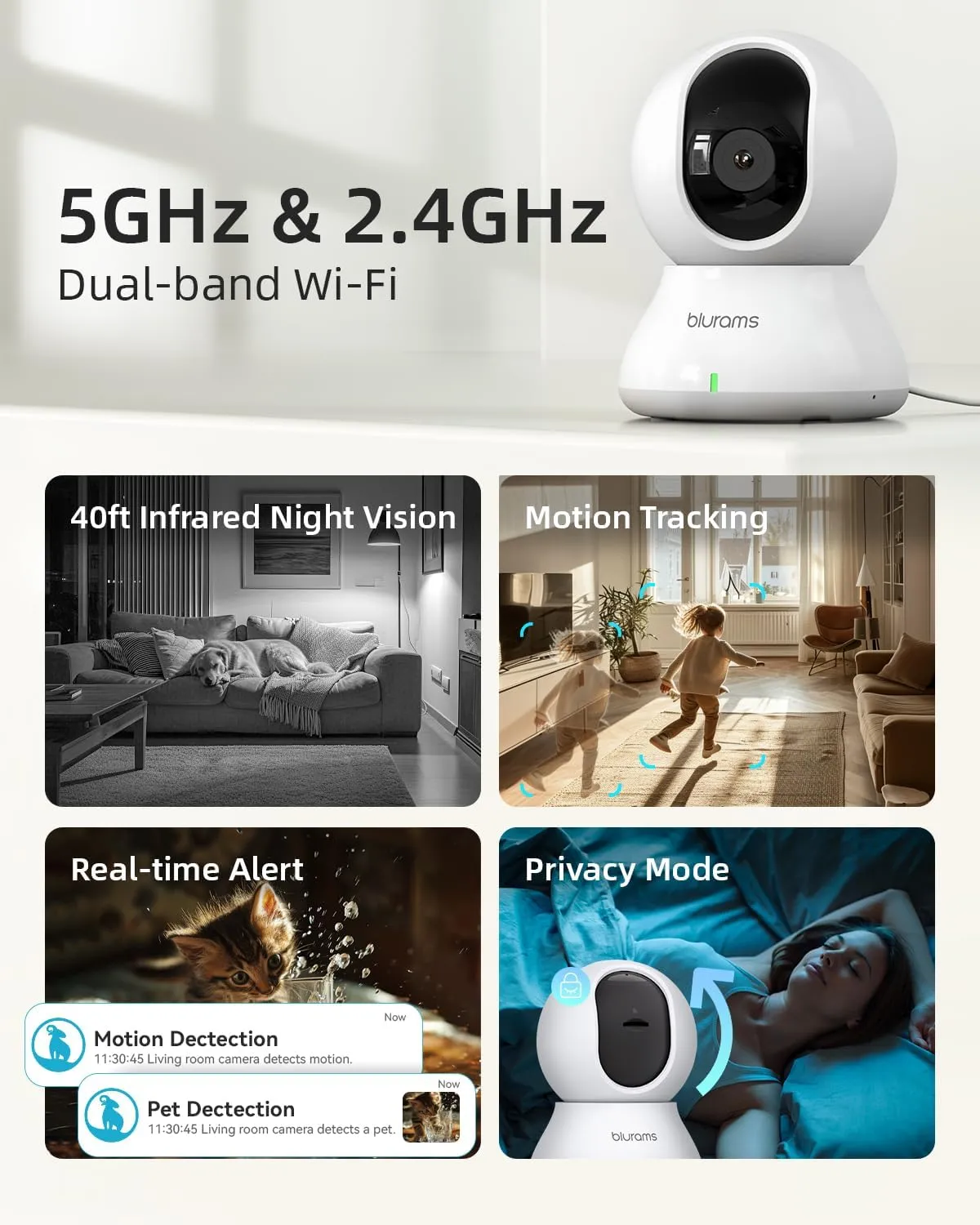 blurams Indoor Security Camera, 5GHz/2.4GHz Dual-Band, 2K PZT Pet Camera with Phone App, 360 Cameras for Home Security, 2-Way Audio, Motion Tracking, Night Vision, Siren, Cloud&SD