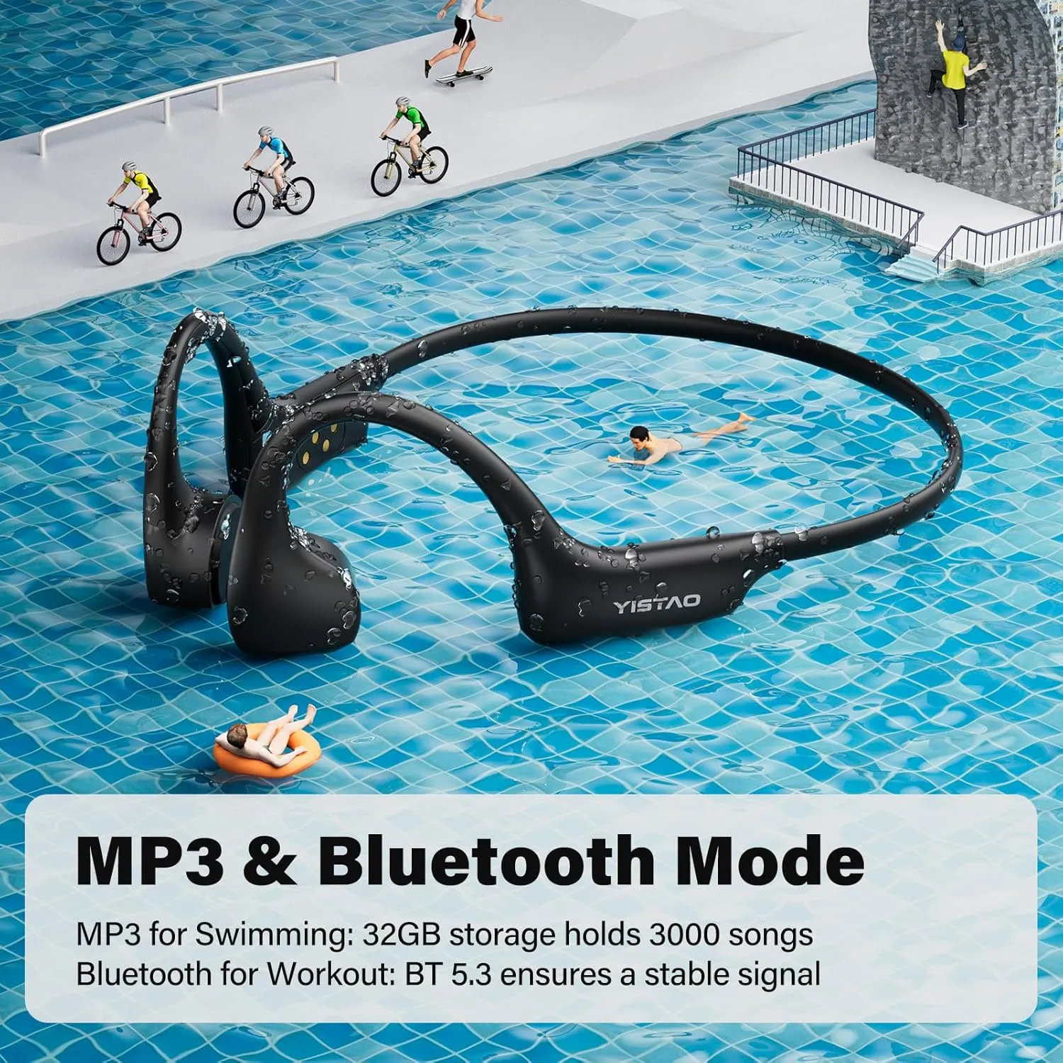 Bone Conduction Headphones, Open Ear Headphones Wireless Earphones, 32GB MP3, 8 Hours Playtime, Bluetooth 5.3, IP68 Waterproof Earphones for Running and Fitness Workout - Black