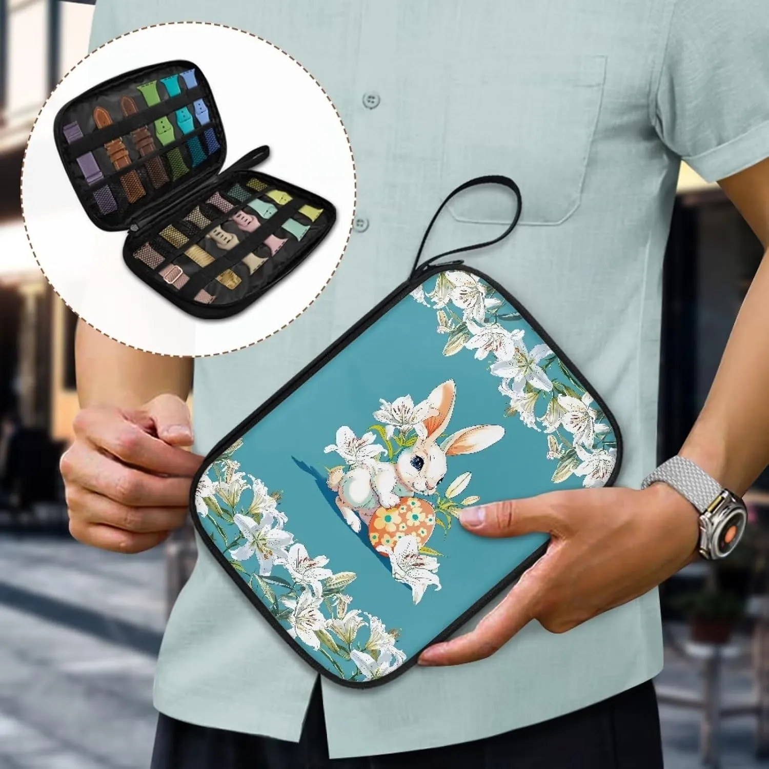 Bunny Lily Watch Band Organizer Holds 12 Watch Straps, Not Slip Waterproof Watch Straps Organizer and Storage Holder Bag Watch Band Case with Handle for Home, Travel Easter Decor