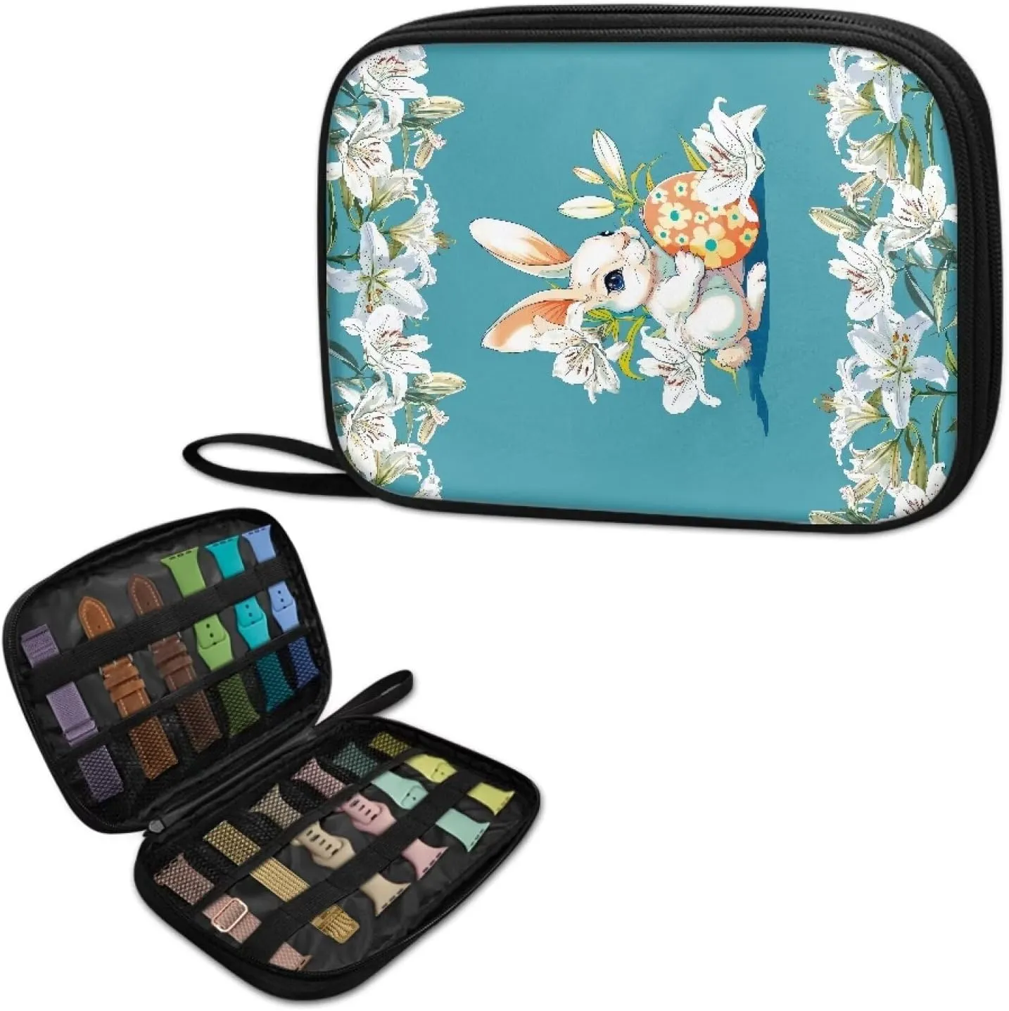 Bunny Lily Watch Band Organizer Holds 12 Watch Straps, Not Slip Waterproof Watch Straps Organizer and Storage Holder Bag Watch Band Case with Handle for Home, Travel Easter Decor