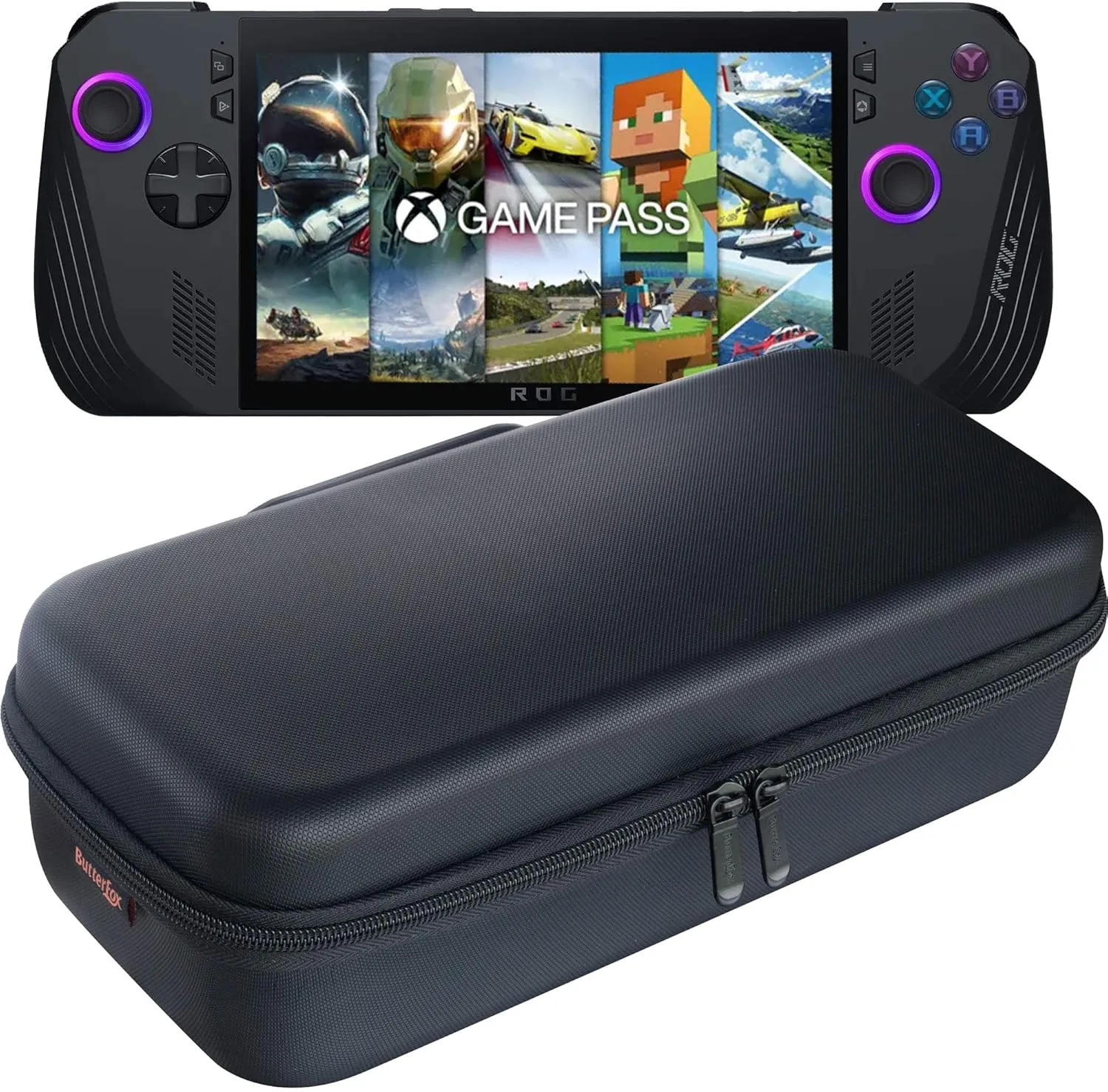 ButterFox Large Carry Case Bag for ASUS Rog Ally X with Built-in Stand, Fits Charger, Large Accessories Pocket for 65W Battery Bank, Slim Mouse and HDMI Cable - Black/Purple