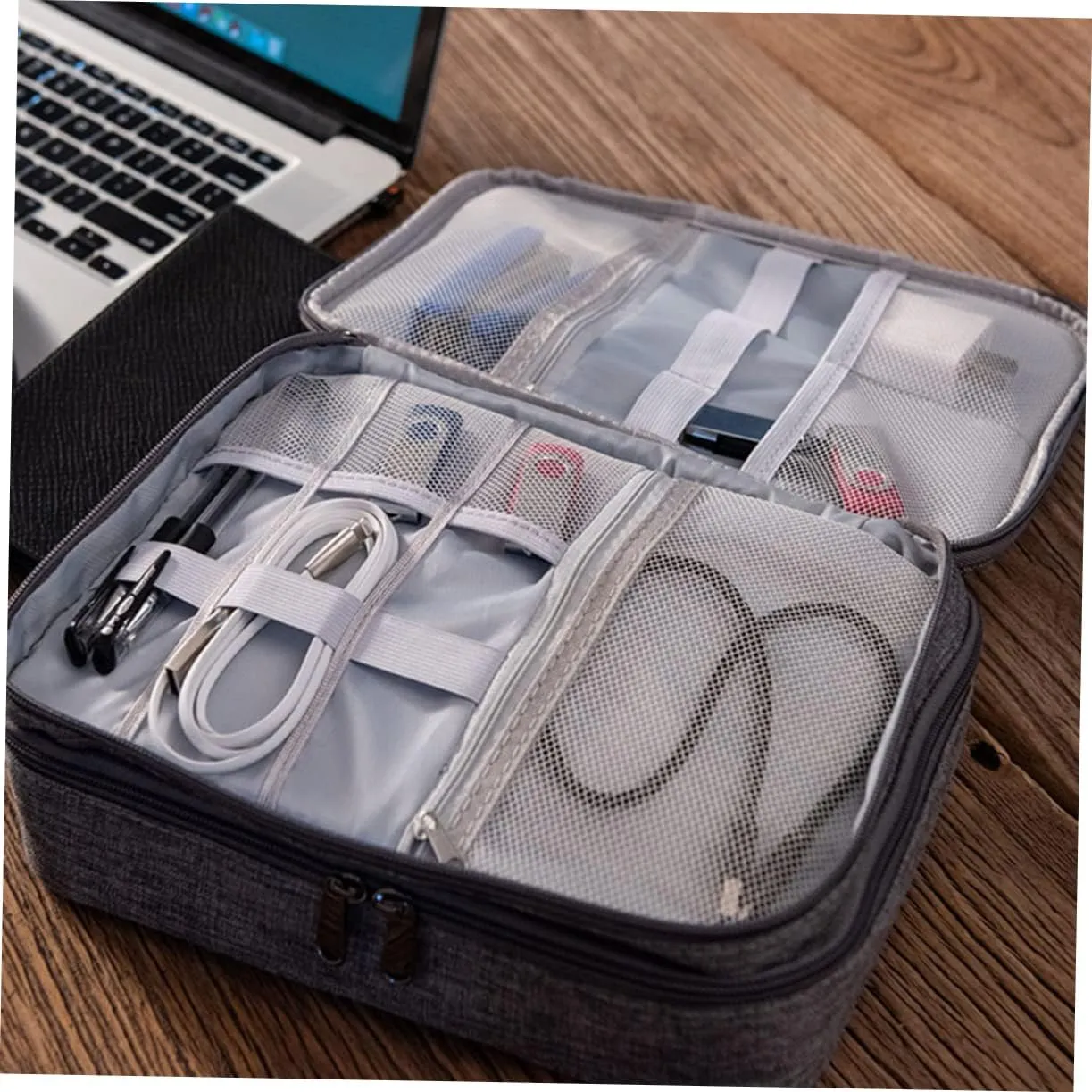 Cable Storage Bag Electronics Carrying Case 3 Separate Zones for Powerbank and Cables