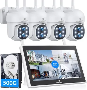 CAMCAMP Security Camera System, 10X Zoom Dual Lens Camera Kit with 10.1" LCD Monitor, 10 CH & Color Night Vision, Auto Tracking, 2-Way Audio, 500 GB HDD  Home Security Cameras Wireless Outdoor