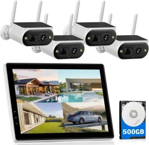 CAMCAMP Solar Security Camera System Wireless Outdoor with 10" IPS Monitor & 500GB HDD, 4MP Solar Cameras for Home Security, Continuous Power, 10CH Expandable, Local Storage, 2.4/5GHz WiFi