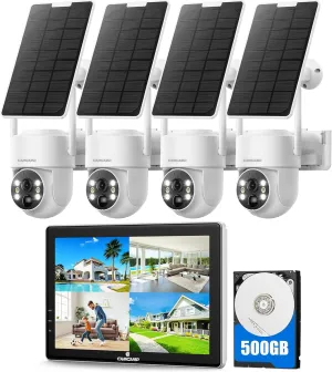CAMCAMP Solar Security Cameras Wireless Outdoor with 10" Monitor, 10CH NVR 2K Solar Home Security Camera System with 360 Color Night Vision,2-Way Audio,500GB Local Storage,No Monthly Fee,No Need WiFi