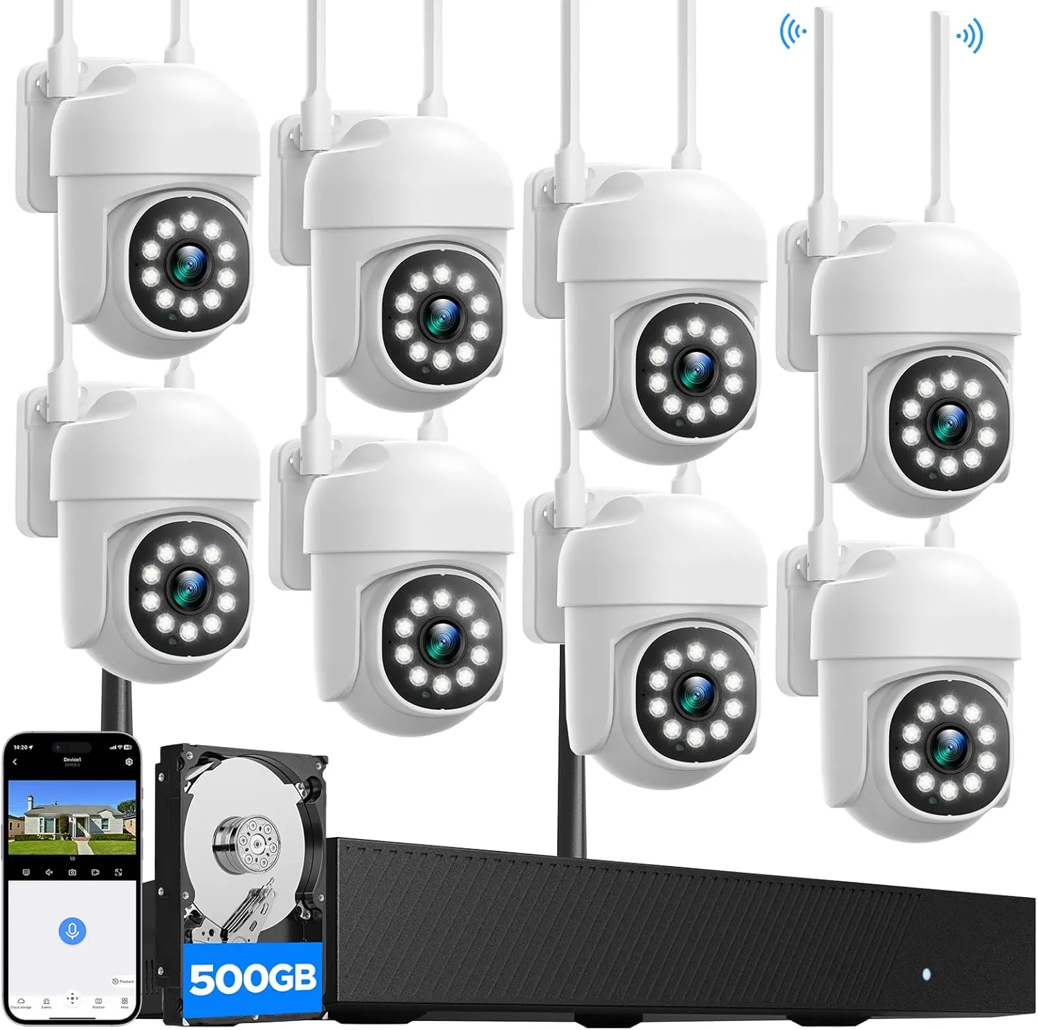 CAMCAMP Wireless Security Camera System, Expandable 16CH 4K NVR, 8PC WiFi Cameras for Home Security with PT Auto Human Tracking, 2 Way Audio, Smart Night Vision, CCTV Surveillance Kit(8, White)