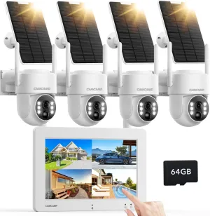 Camcamp Wireless Security Camera System, Solar-Powered 4MP 4 Cam-Kit with 7" Touchscreen Monitor, Outdoor Camera 0 Monthly Fee, Color Night Vision, Motion Detection, PTZ, 2 Way Audio for Business