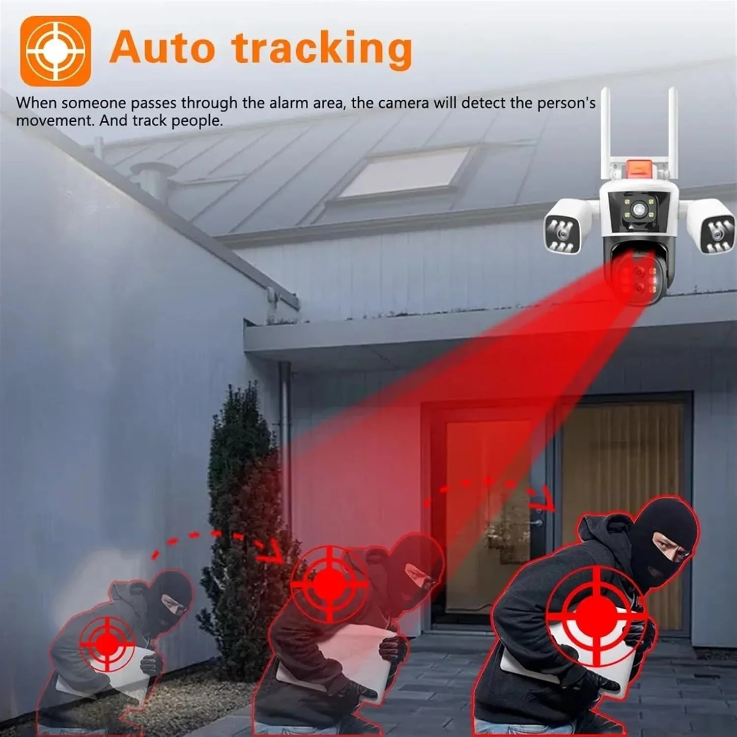 Cameras for Home Security 10X PTZ Zoom Four Lens Smart Home Surveillance Camera Outdoor 360 Panoramic View Cameras 16MP 8K Video Security CCTV Track with Motion Detection(Cam Add 32G Card)