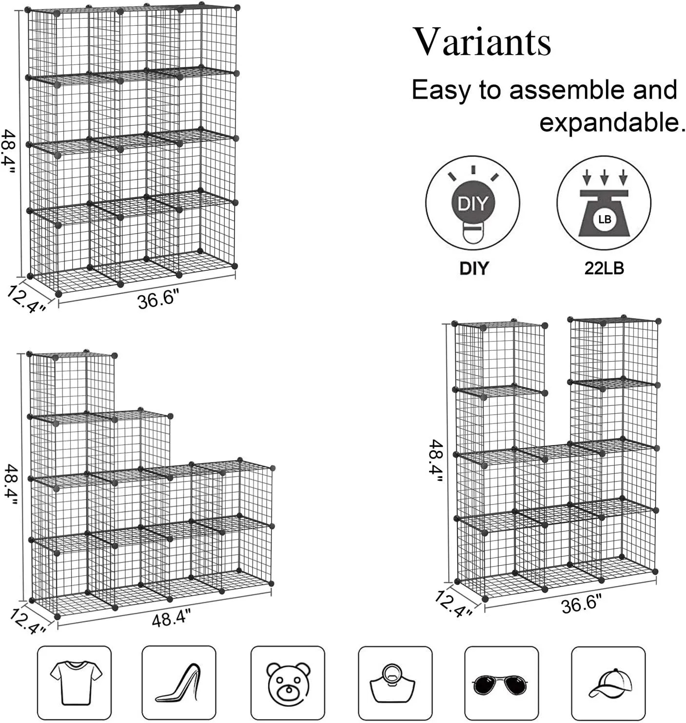 C&AHOME Wire Cube Storage, 12-Cube Storage Organizer Metal, C Grids Storage Bins Shelving, Modular Bookshelf Shelf, Closet Cabinet Ideal for Bedroom, Office 36.6L x 12.4W 48.4H Black