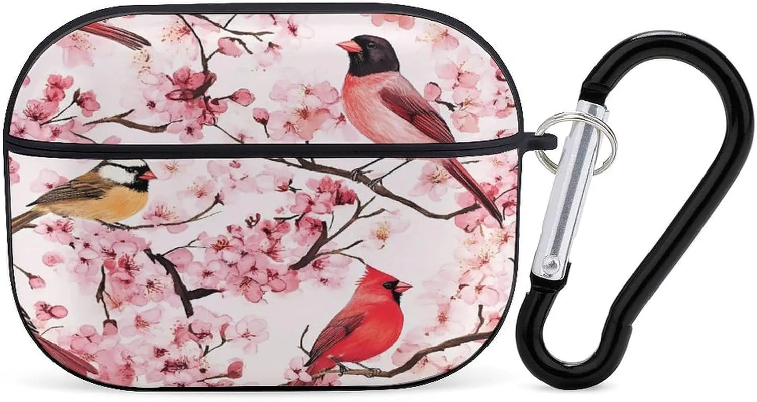 Cardinal Cherry Flower Earbud Case Bluetooth Headphone Case Full Protective Case with Keychain Compatible with Airpods Pro Black-Style