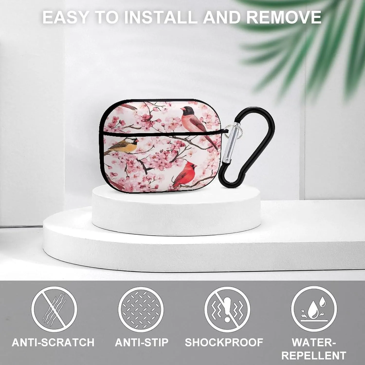 Cardinal Cherry Flower Earbud Case Bluetooth Headphone Case Full Protective Case with Keychain Compatible with Airpods Pro Black-Style