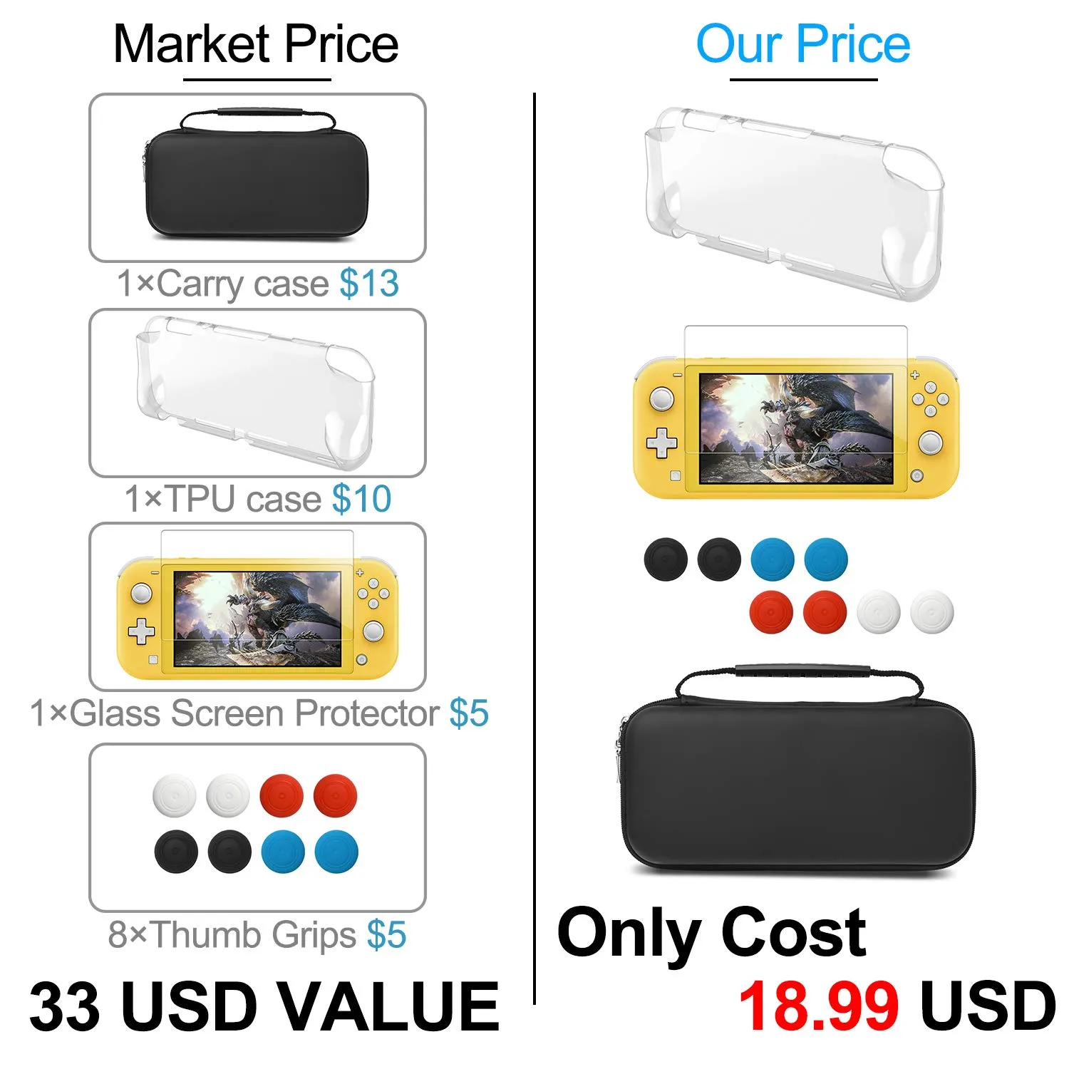 Carrying Case Plus TPU Case Cover and Screen Protector Compatible with Nintendo Switch Lite, 4 in 1 Accessories Kit, Portable Carrier Travel Bag Case Comes with 8 Game Card Slots for Switch Lite 2019