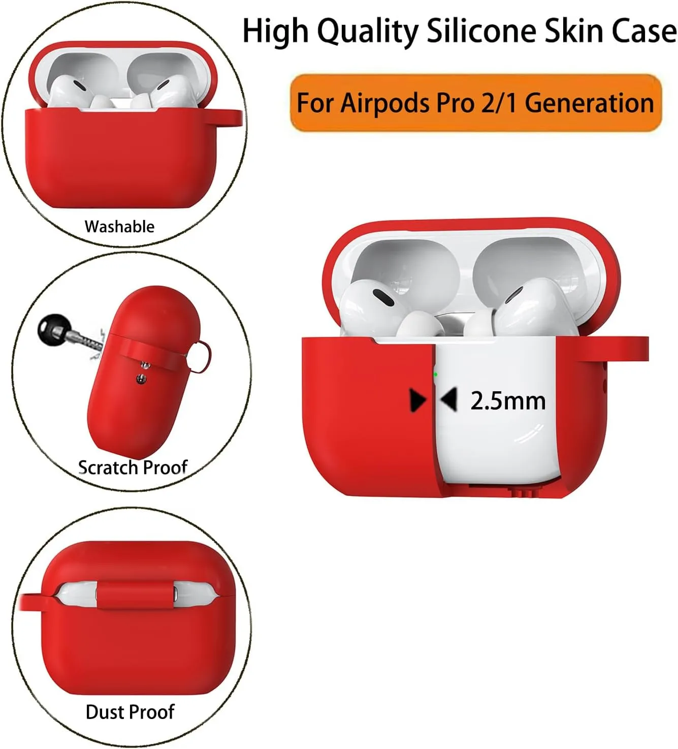 Case for Airpods Pro 2/1 Gen Cover for Men Women Girl, Compatible Airpods Pro 2nd/1st Generation Case, Soft Silicone Apple iPod Pro Gen Protective Cover Skin with Keychain Cleaner Pen, Red