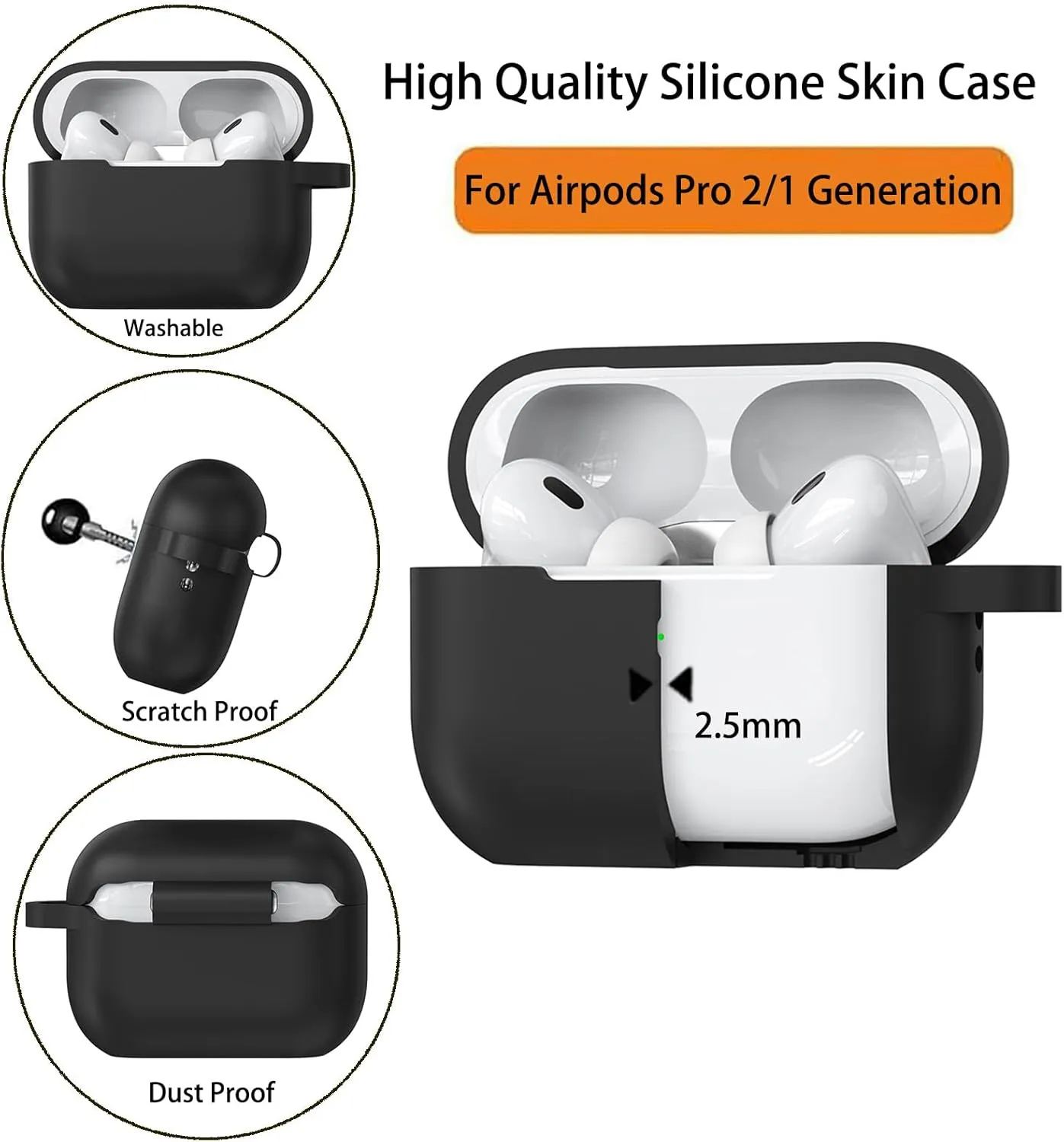 Case for Airpods Pro 2/1 Gen Cover for Men Women Girl, Compatible Airpods Pro 2nd/1st Generation Case, Soft Silicone Apple iPod Pro Gen Protective Cover Skin with Keychain Cleaner Pen,Black