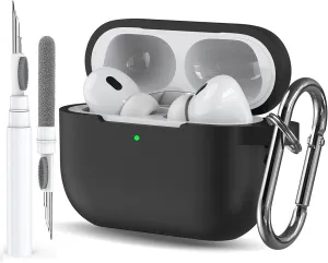 Case for Airpods Pro 2/1 Gen Cover for Men Women Girl, Compatible Airpods Pro 2nd/1st Generation Case, Soft Silicone Apple iPod Pro Gen Protective Cover Skin with Keychain Cleaner Pen,Black