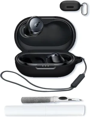 Case for Soundcore by Anker Space A40 Adaptive Active Noise Cancelling Wireless Earbuds,Soft Protective,BOVUGAC Silicone Case Cover For Soundcore space A40 with Keychain & Cleaning Kit & Lanyard-Black