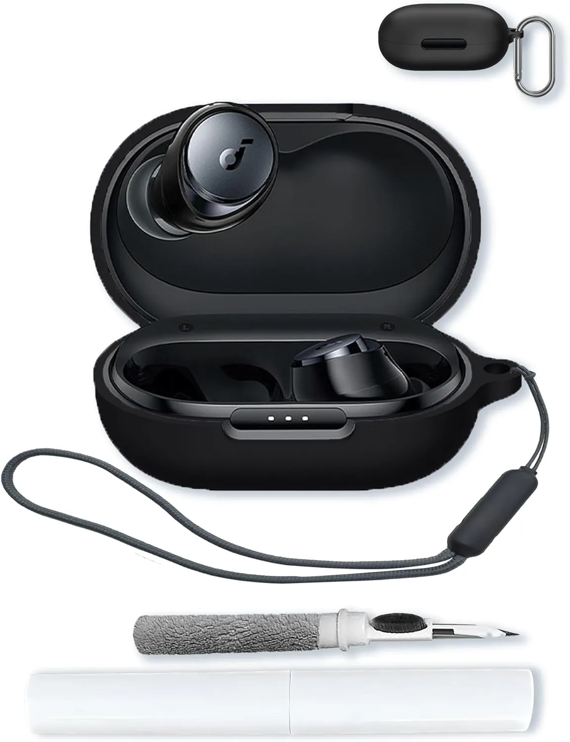 Case for Soundcore by Anker Space A40 Adaptive Active Noise Cancelling Wireless Earbuds,Soft Protective,BOVUGAC Silicone Case Cover For Soundcore space A40 with Keychain & Cleaning Kit & Lanyard-Black